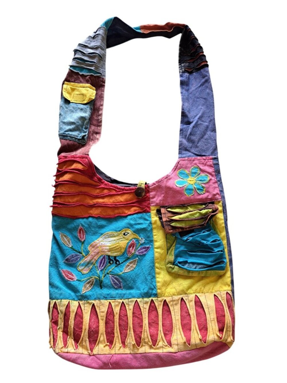 Colorful Patchwork Hobo Bag Embroidered Bird & Flower Pockets Boho Gypsy Hippie